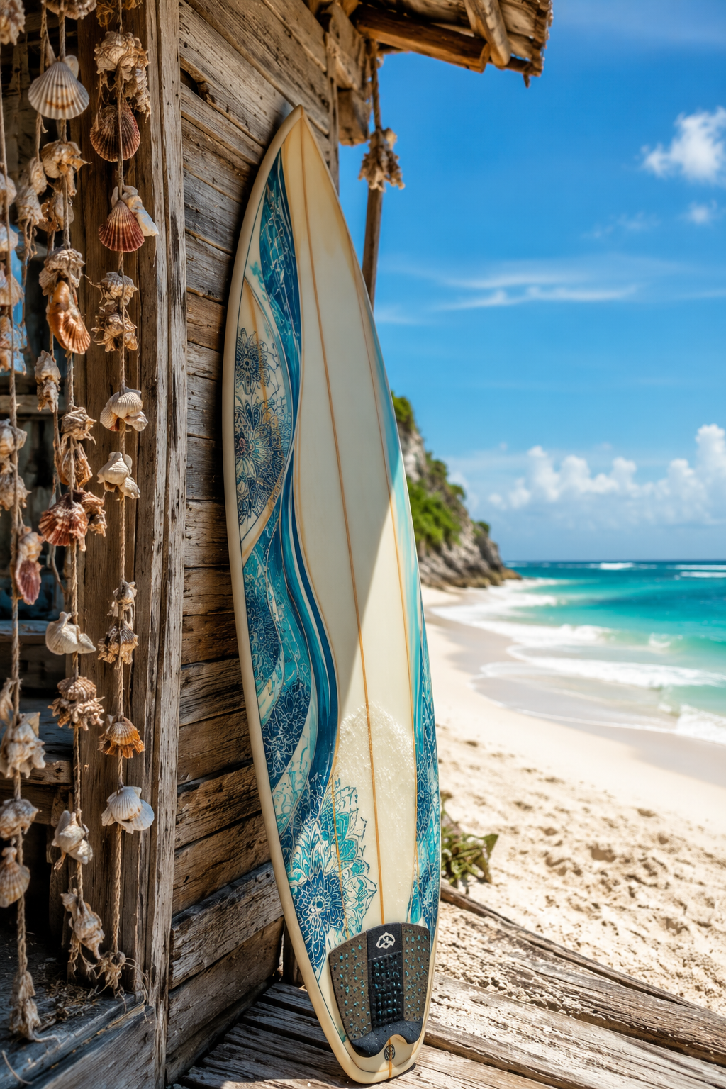 Tabla de surf junto a una playa